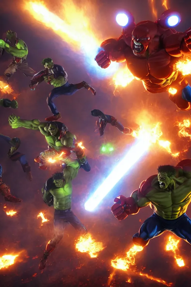 Image similar to The Hulk Buster Battles The X-Men, Action Shot, 8K, octane render, HDR, volumetric lighting, Anime Style
