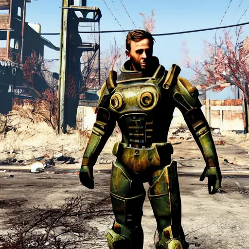 Image similar to ryan gosling in fallout 4 in power armor