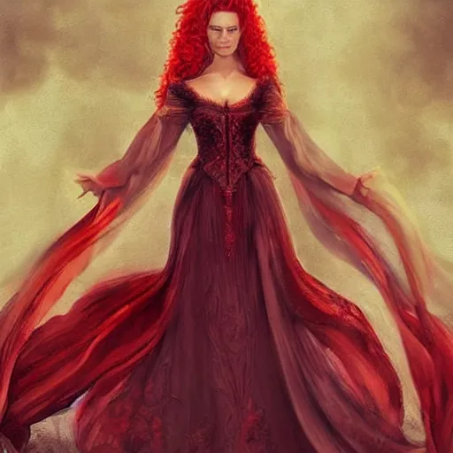 Image similar to Fantastic, fairytale, portrait, painting, beautiful!, female mage, long flowing red hair, light emitting from fingertips, ornate gown, smoldering, serious, royalty kingdom, royal court, hyperreal, photoreal