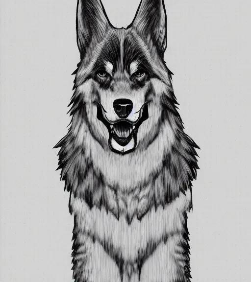 Prompt: furaffinity expressive stylized master furry artist digital line art painting portrait character study of the anthro male anthropomorphic german shepard fursona animal person wearing clothes tshirt and shorts