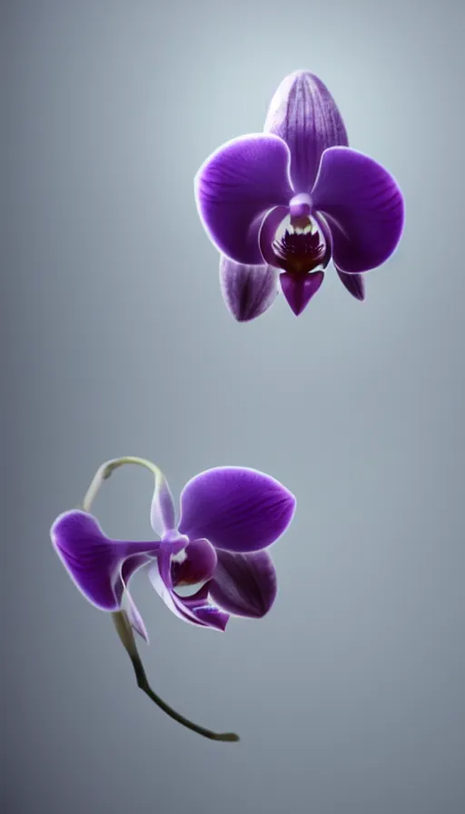 Image similar to still from an a24 film: depth of field raytraced light transmission through misty refracting toroidal orchid mist decaying into chiaroscuro studio lighting while partially submerged in colloid atmosphere, 8K