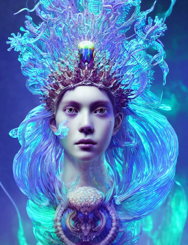 Image similar to goddess macro close - up portrait wigh crown made of ram skull. betta fish, jellyfish phoenix, bioluminiscent, plasma, ice, water, wind, creature, super intricate ornaments artwork by tooth wu and wlop and beeple and greg rutkowski