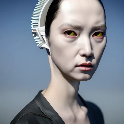 Image similar to hyperrealism aesthetic photography in araki nobuyoshi style quntum computer simulation visualisation of parallel universe dramatic scene with detailed dragon woman with detailed face and perfect eyes and wearing retrofuturistic sci - fi neural interface designed by josan gonzalez. hyperrealism photo on pentax 6 7, by giorgio de chirico volumetric natural light rendered in blender