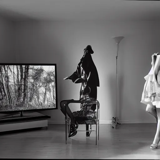 Prompt: medium format photograph of a surreal fashion shoot in the living room of a house with the tv on, camera flash