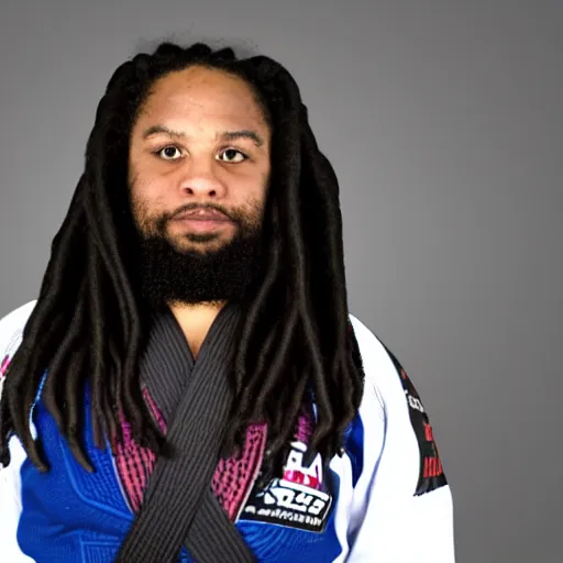 Image similar to photo of chubby black bjj athlete with long dreads posing, serious face, white belt