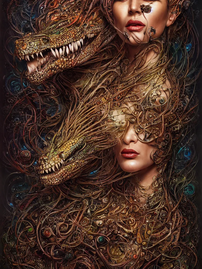 Prompt: uncut centered coherent realistic fullbody portrait with only one face. complex hyper-maximalist overdetailed cinematic cosmic scifi portrait of an elegant very attractive but wild and dangerous reptilian goddess by andrei riabovitchev, tomasz alen kopera, oleksandra shchaslyva. Omnious intricate. Secessionist portrait illustration. Poison goddes. Slightly Reminds to poison ivy. Focus on face. Artstation. Deviantart. 8k 4k 64megapixel. Rendered by binx.ly.