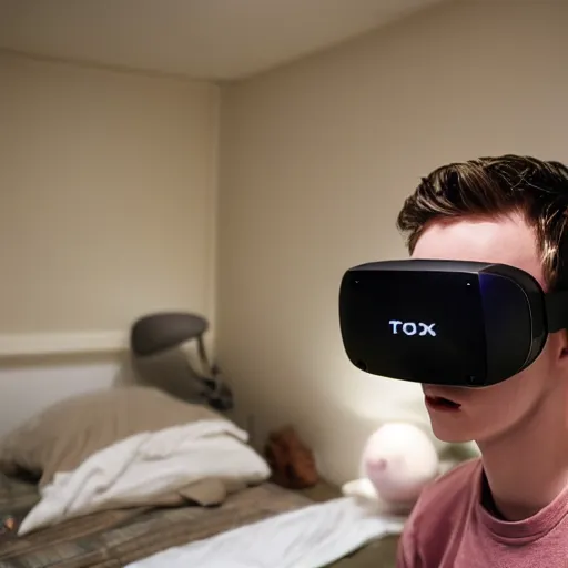 Image similar to A teenage caucasian boy wearing a VR-headset sitting on his messy bed, the room is very small with a lot of junk laying around. The dim room is lit by a bright light escaping from the VR-headset. dim lighting, award-winning