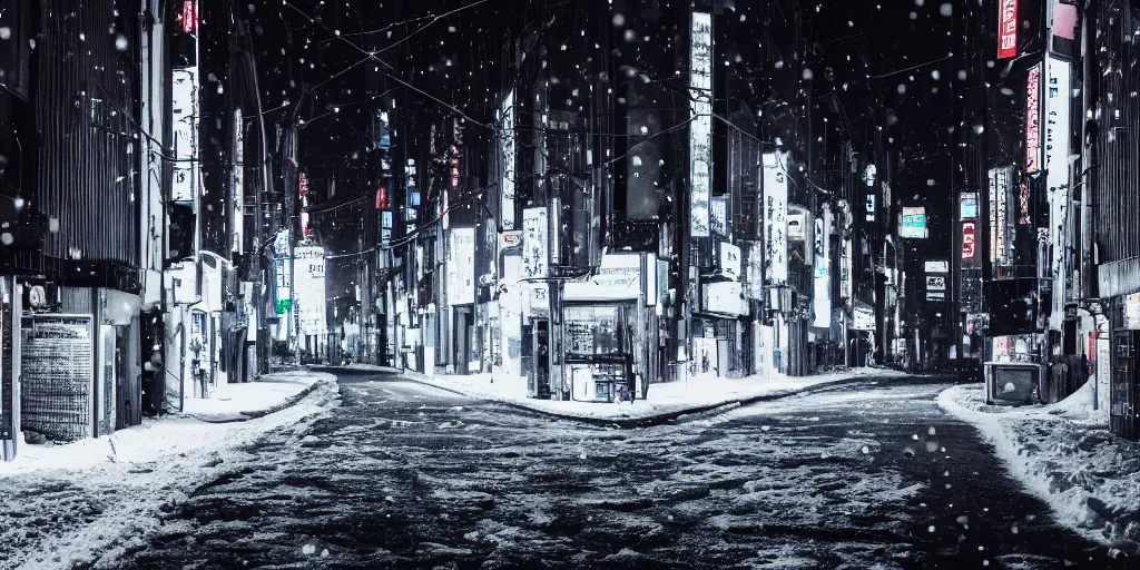 Prompt: a city street at night, snowing, photograph, cyberpunk, sharp focus, intricate detail, Desolate, drone shot, high resolution, 8k, neon streetlights, wires hanging down everywhere, Japan