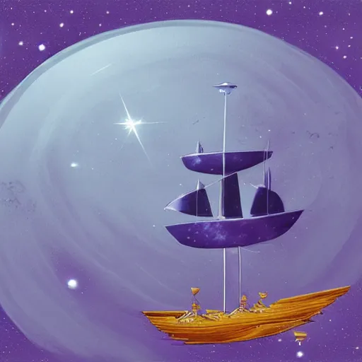 Prompt: spelljammer ship floating in space, purple