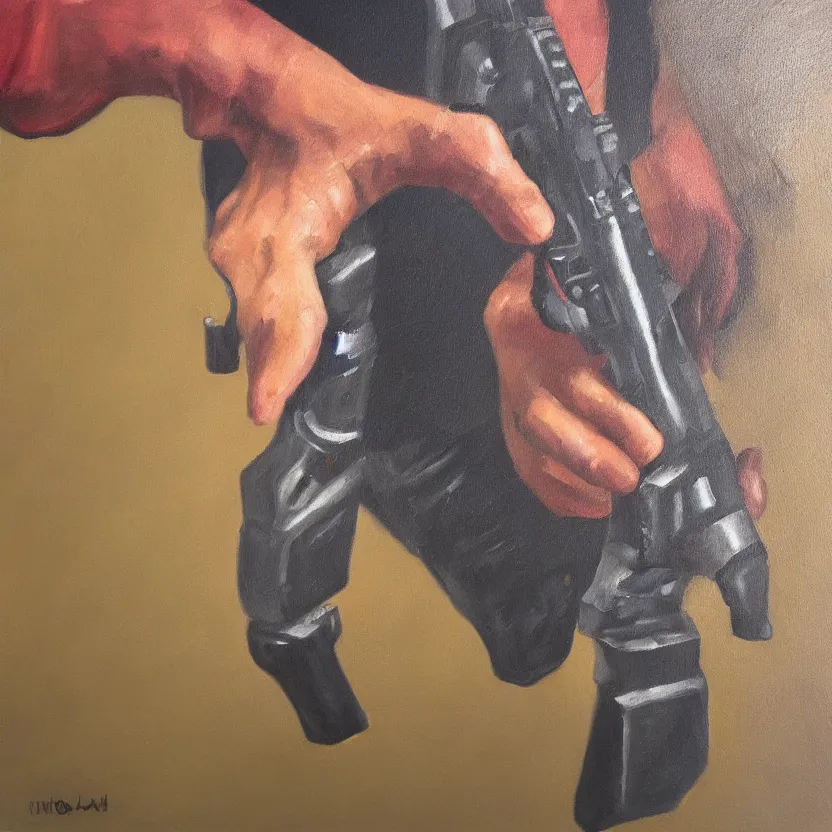 Image similar to oil painting of a human hand holding a gun