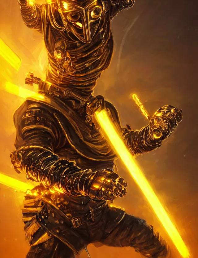 Image similar to a masked cyberpunk warrior in golden armour with a glowing golden gauntlet, surrounded by crackling golden lightning and energy, by frank fazetta and peter mohrbacher, trending on artstation, digital art, 4 k resolution, detailed, high quality, sharp focus, hq artwork, coherent, insane detail, concept art, character concept, character full body portrait