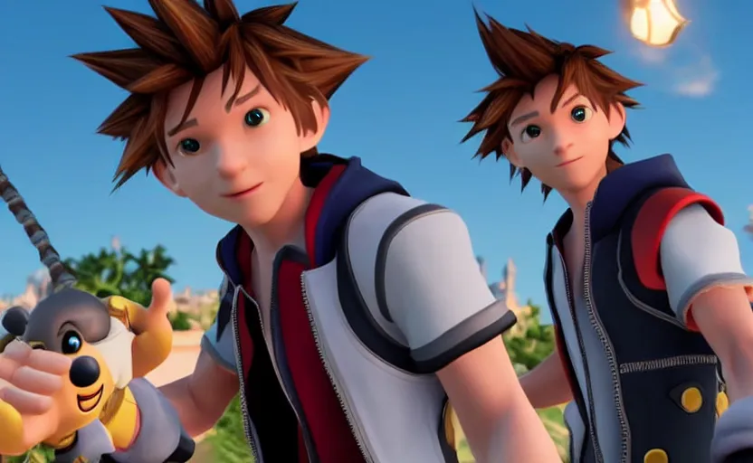 Image similar to Tom Holland as Sora in 'Kingdom Hearts: Fate of Light' (2017), movie still frame, oscar nominated cinematography, volumetric lighting, 8k resolution