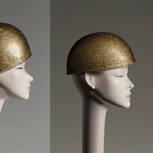 Image similar to high fashion helmet worn by a slender female model