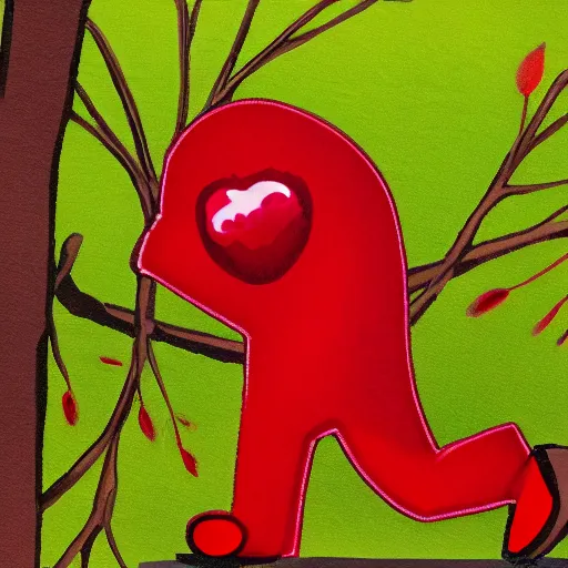 Image similar to Red man Sad, crying, cherry tree, cherries