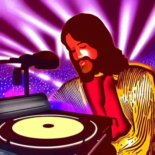 Image similar to jesus is a disk jockey in a london discotheque, photo realistic, mood lighting