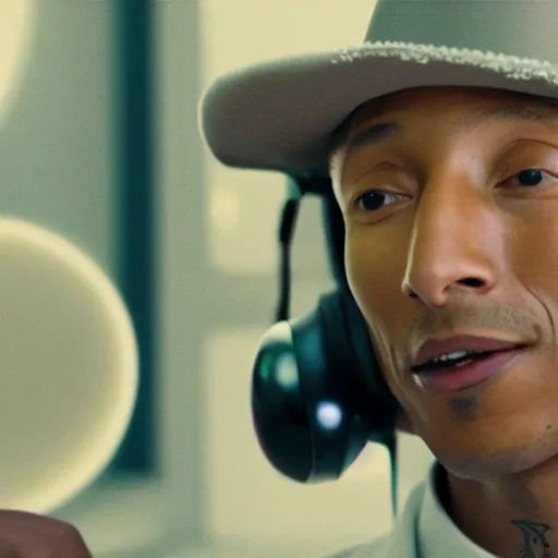 Image similar to cinematic film still of Pharrell Williams Making A Beat with an anthropomorphic alien, Japanese VFX, 2018, 400mm lens, f1.8, shallow depth of field,film photography