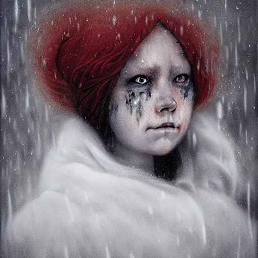 Image similar to horror movie poster art, a red headed woman in a parka in a snowstorm by Francisco Goya, dirk dziminrsky and Marco Mazzoni