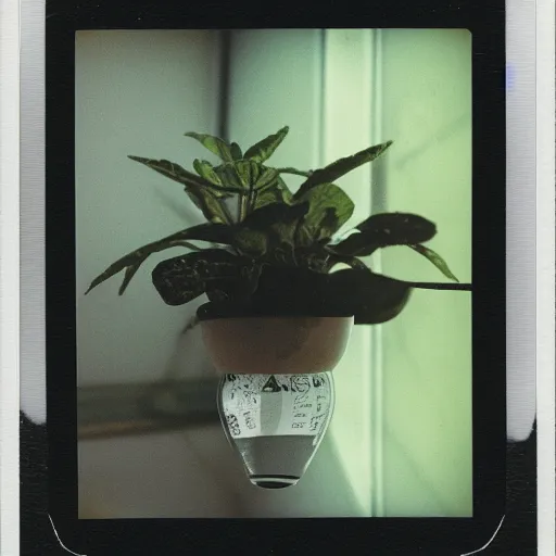 Prompt: polaroid photo of plant growing inside the transparent glass light bulb, by Warhol,