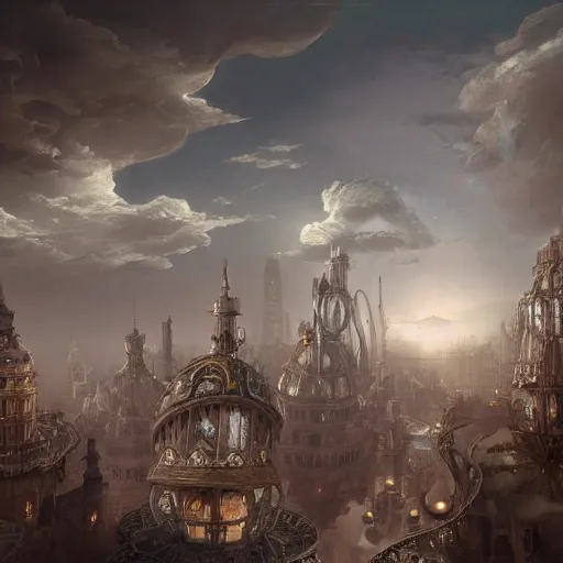 Image similar to enormous flying city in a faberge egg, sky, steampunk, fantasy art, masterpiece, hugh ferriss, unreal engine, andreas achenbach cloudy background, latticework