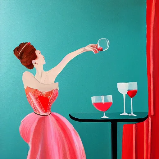 Image similar to painting of a ballerina drinking wine in a teal room, red background