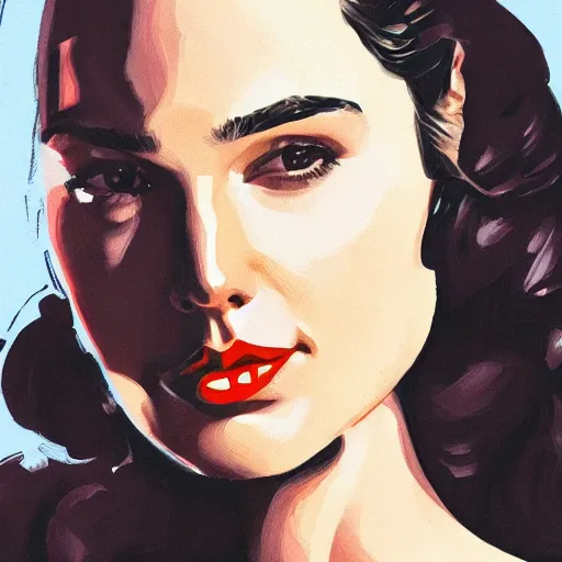 Image similar to portrait of gal gadot in the style of bill medcalf, retro, 4 k, detailed