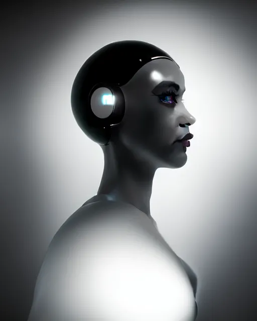 Image similar to black and white high quality photo of a female AI-queen-cyborg-doll looking into a sci-fi mirror, volumetric lighting, foggy, dreamy, hyperdetailed, photorealistic, cinematic, masterpiece, elegant, dark, in the style of Man Ray, octane render, 8K,