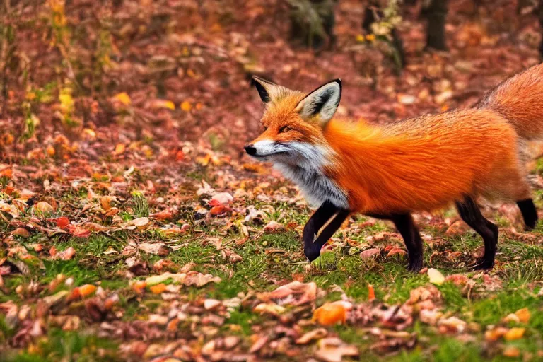 Prompt: A wild fox wandering amongst the falling autumn leaves of the forest it calls home