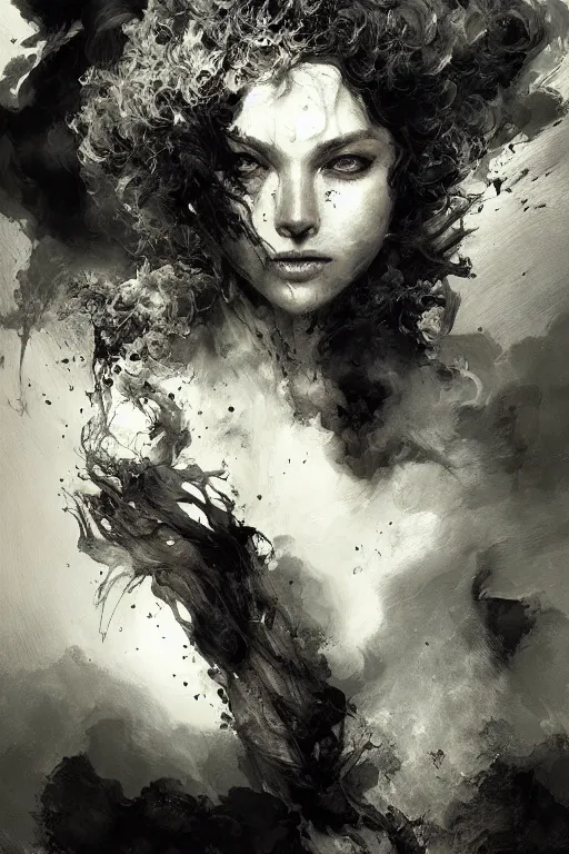 Image similar to portrait of a demon void woman sensual surrounded by smoke fumes, pen and ink, intricate line drawings, by craig mullins, ruan jia, kentaro miura, greg rutkowski