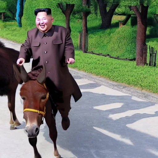 Prompt: kim jong un is riding a donkey