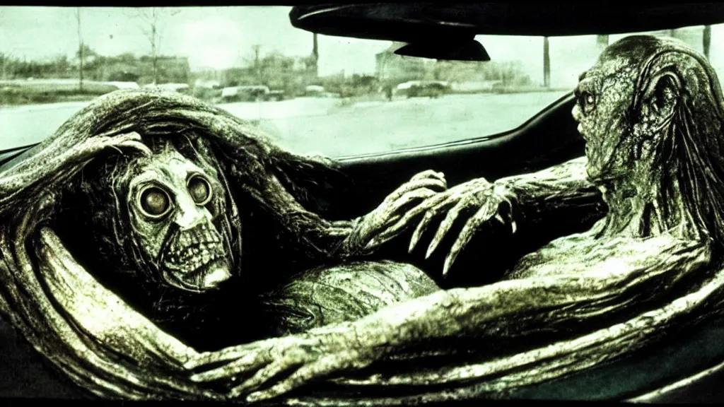 Image similar to the creature sits in a car, view of the car, made of wax and metal, film still from the movie directed by David Cronenberg with art direction by Salvador Dalí, wide lens