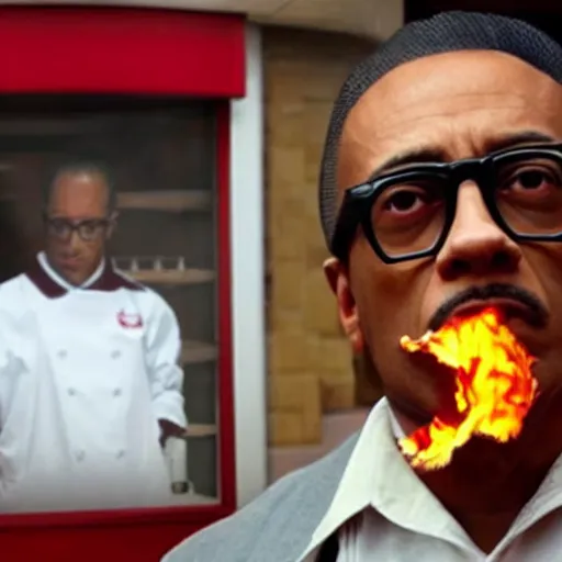 Prompt: Gustavo Fring sets fire to a KFC restaurant