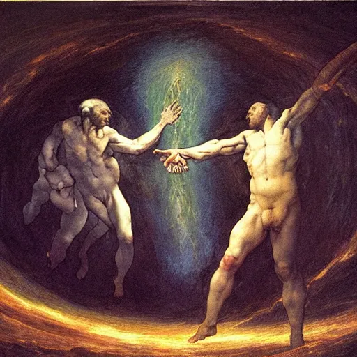 Image similar to the creation of the human race from the cosmos, detailed oil painting by goya and michelangelo and alan lee