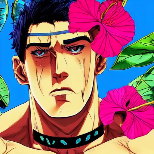 Image similar to handsome boxer, punching, wearing neon boxing shorts, bodybuilder posing, portrait surrounded by hibiscus flowers, jojo cover art, jojo anime style, david production, style of vento aureo cover art, style of stone ocean cover art, style of steel ball run cover art, style of jojolion cover art, ilya kuvshinov style, illustrated by hirohiko araki