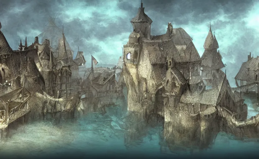 Image similar to underwater medieval village, concept art, render, blender