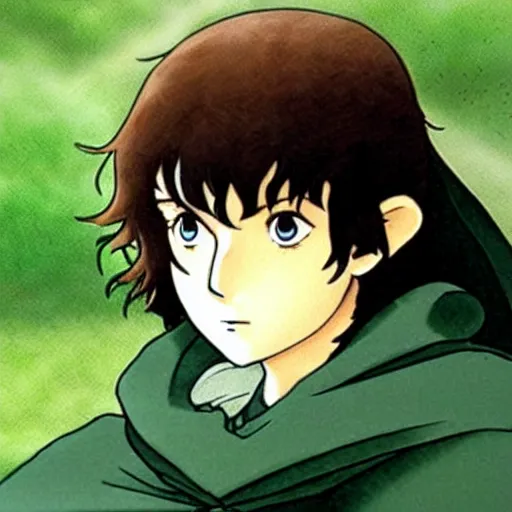 Image similar to peregrin took from the anime lord of the rings (1986), dark hair, green cape, hobbit, studio ghibli, very detailed, realistic