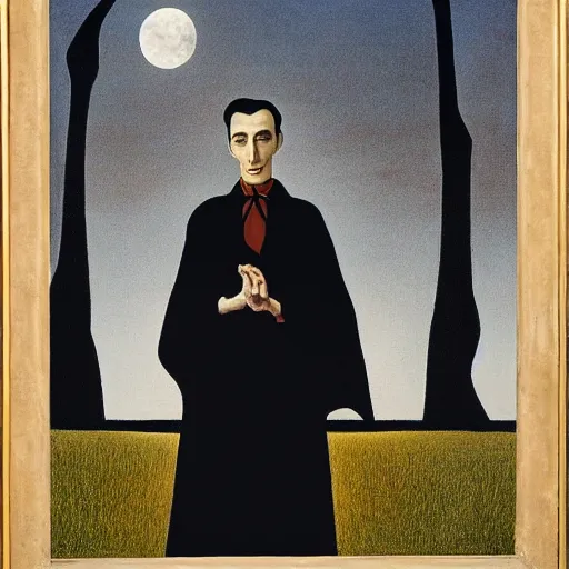 Image similar to grant wood's painting of dracula on the porch of a southern plantation at dusk, proudly gazing out on his cotton fields with the moon rising above. he is pale, with black hair and a black and red cape.