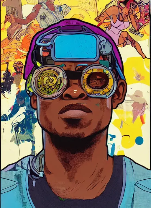 Prompt: chidi igwe. cyberpunk athlete. portrait illustration, pop art, splash painting, art by geof darrow, ashley wood, alphonse mucha, makoto shinkai ( apex legends )