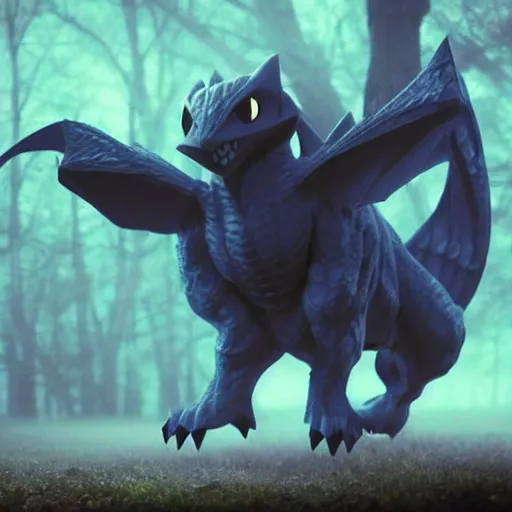 Image similar to real life Pokemon, creepy!!!, scaly!!!, menacing!!!, evil, ultra realistic, morning, fog, volumetric lighting, sharp focus