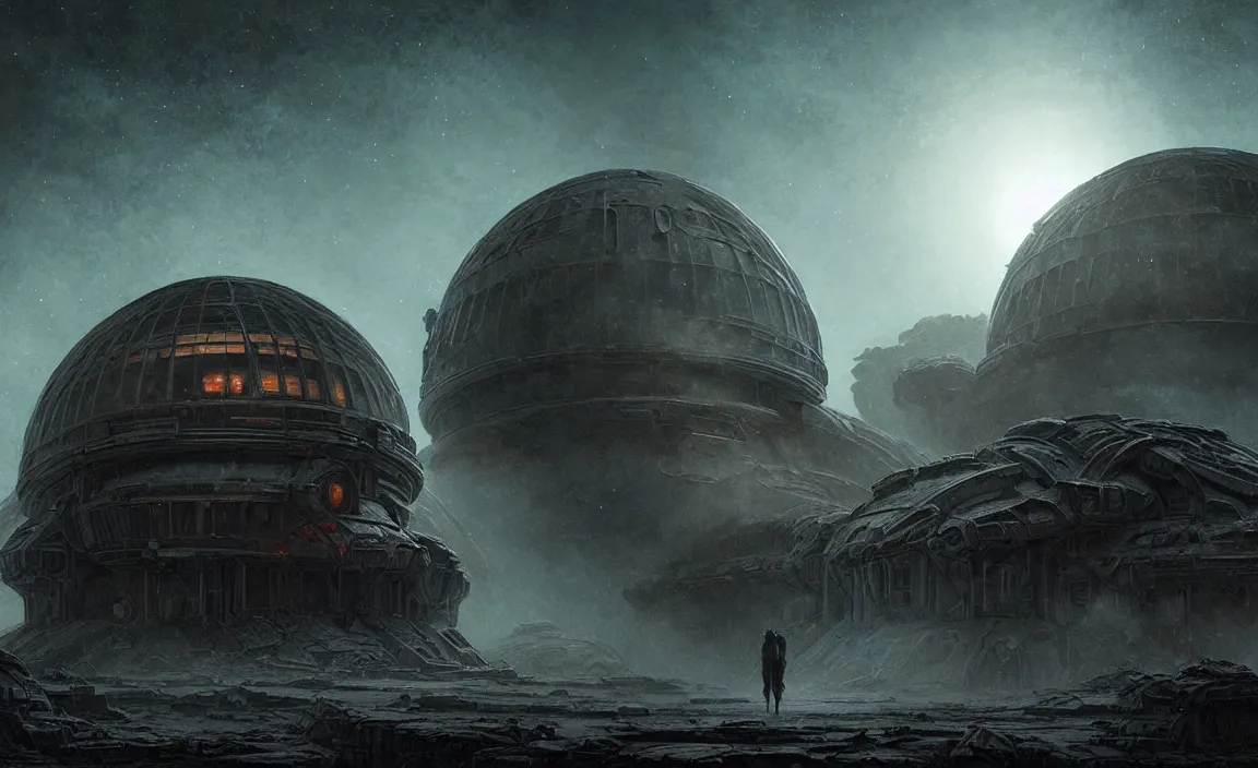 Prompt: epic professional sci - fi digital art of ruined cottagecore domed planetary outpost, eerie atmospheric lighting, painted, detailed, intricate, impressive, foreboding, by leesha hannigan, wayne haag, reyna rochin, iris van herpen, hdr, 8 k, epic, stunning, gorgeous, much wow, cinematic, masterpiece