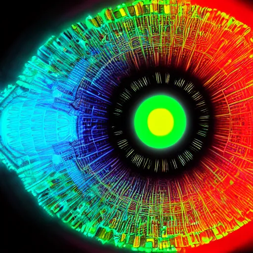 Image similar to cyberpunk neon colored blackhole mandala eye art