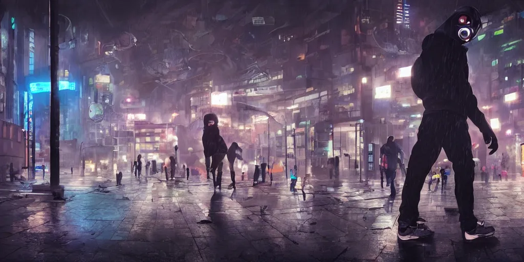 Prompt: cinematic shots of teenagers with tech clothing and hoods and futuristic gas masks making parkour on a dystopian city, neon lights, sci - fi, night lights, rain and haze, concept art, intricate, in the style of katsuhiro otomo, akira, unreal engine