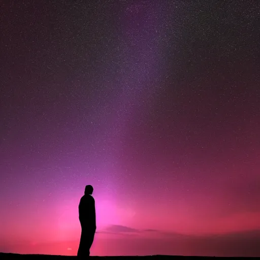 Image similar to 4K Epic Ultra HD detailed award-winning wallpaper silhouette of lonely man standing on rock looking at huge vast sky universe Milky Way aurora