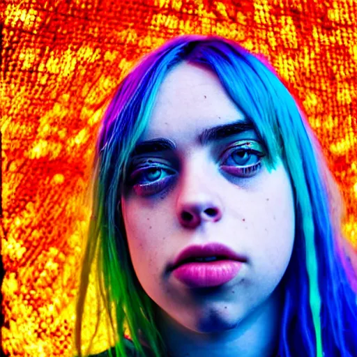 Prompt: beautiful portrait of amazing billie eilish in the street, explosion of neon lights, close up, 5 0 mm lens, model photography derailed realistic