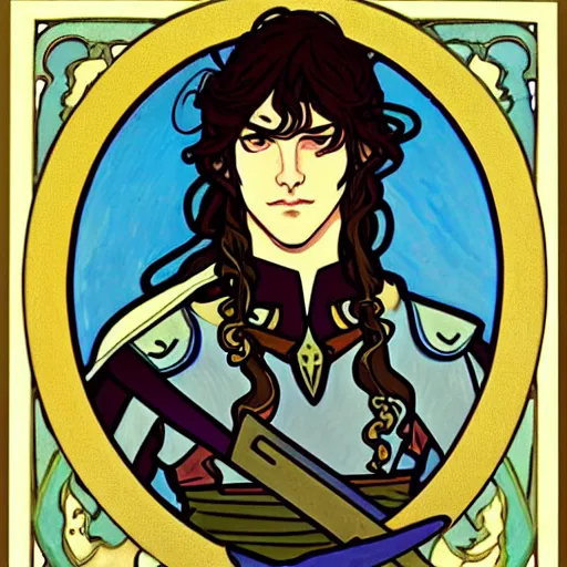 Prompt: painting of young handsome beautiful paladin elf!! man with long! wavy dark hair and blue eyes in his 2 0 s named taehyung minjun james fighting goblins, pale, wearing armor!, gorgeous hair, elf ears, icy eyes, elegant, cute, delicate, soft facial features, art by alphonse mucha, vincent van gogh, egon schiele,