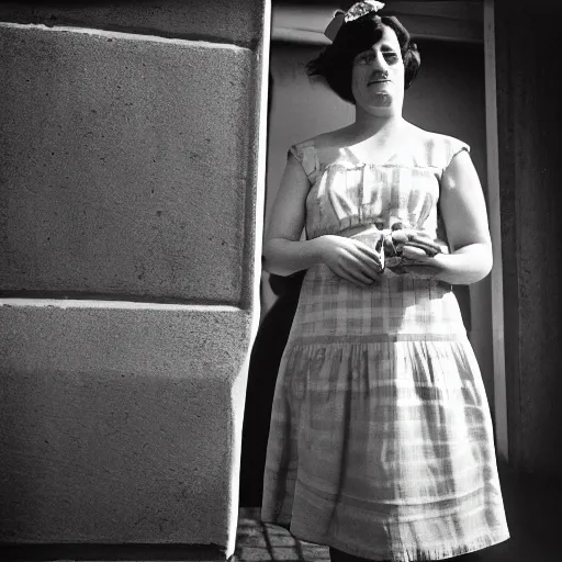 Image similar to photo of a woman in a dress by vivian maier. professional photography.