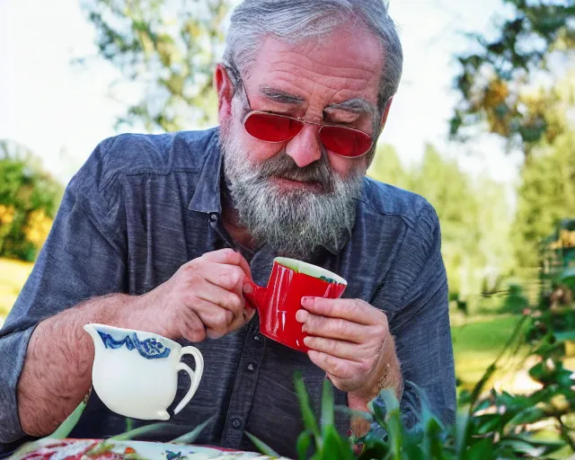 Image similar to mr robert is drinking fresh tea in a garden from spiral mug, detailed face, wearing choker, grey beard, golden hour, red elegant shirt