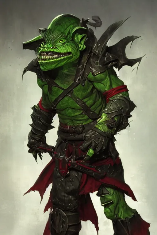 Prompt: A portrait of an evil looking goblin assassin with green skin with solid red eyes in master leather assassin's armor, by WOTC, MTG, Blizzard, Games Workshop, Greg Rutkowski, Craig Mullins, WETA, Elder Scrolls.