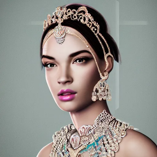 Image similar to portrait of pretty princess with perfect skin, glowing, ornate and intricate diamond jewelry, jaw dropping beauty, ornate and intricate backdrop, white accent lighting, hyper detailed, 4 k octane render