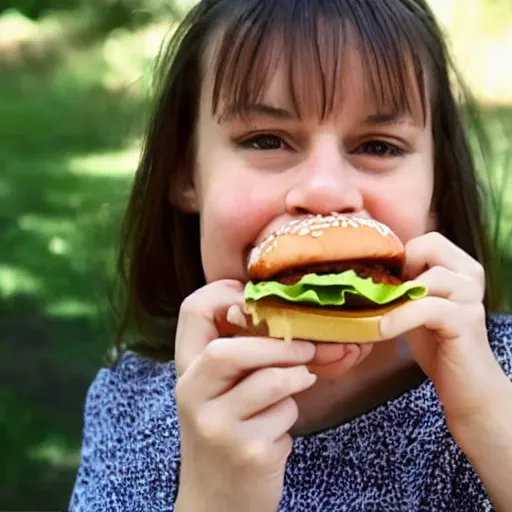 Image similar to a girl eating a burger. Still from weathering with you.