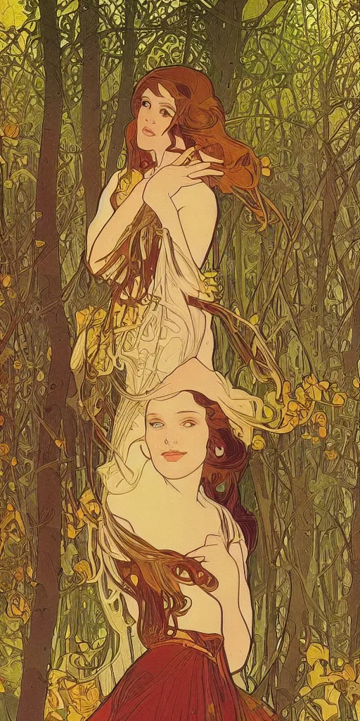 Image similar to a beautiful illustration of a beautiful lady in the forest, autumn, golden hour, alphonse mucha, moebius, cinematic